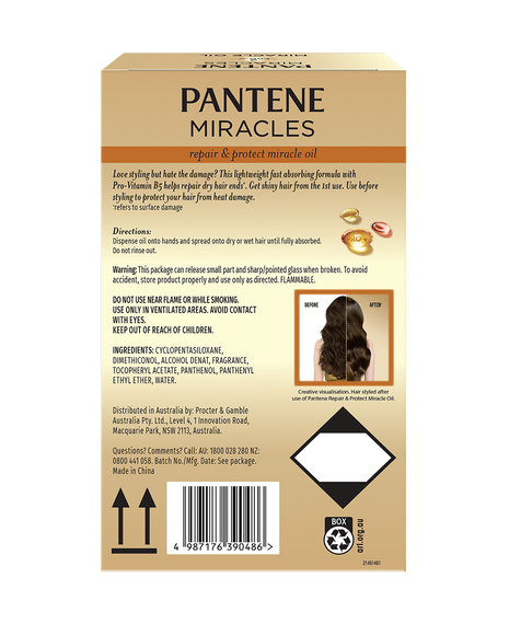Pantene Repair & Protect Pro-V Miracle Oil 90mL 2 Pack box back showing ingredients and directions
